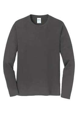 A long sleeve t-shirt in dark grey with a blank front and a label inside the neckline.