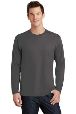 A long sleeve t-shirt in dark grey, featuring a logo on the front, worn by a model.