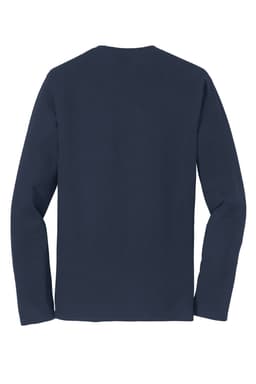 A navy long sleeve T-shirt displayed with a plain back view, featuring a logo on the design.