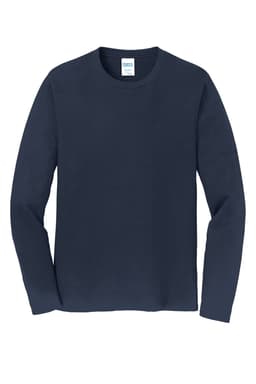 A navy long sleeve t-shirt featuring a crew neck design and a brand logo on the tag.