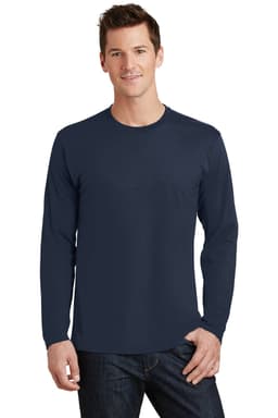 A navy long sleeve t-shirt on a model, featuring a simple design and a logo on the chest.
