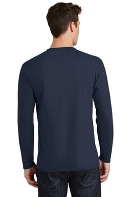 A long sleeve navy t-shirt, featuring a simple design and a logo on the back.
