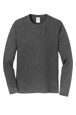 A grey long sleeve t-shirt with a crew neck and an interior label. The shirt features a branding logo.