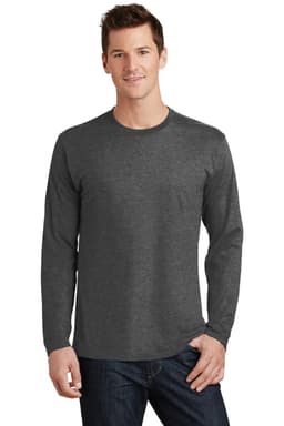 A man wearing a dark grey long sleeve t-shirt with a simple design and a logo on the chest.