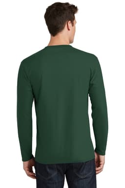 A long sleeve green t-shirt displayed from the back, featuring a logo on the upper back.