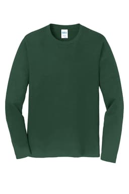 A green long sleeve t-shirt from Port & Company with a simple design and branding label.
