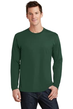 A green long sleeve t-shirt modelled by a man, featuring a simple design and a logo on the chest.