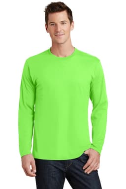 A man wearing a bright green long sleeve t-shirt. The shirt features a logo on the chest area.