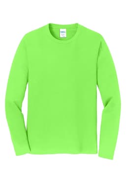A long sleeve t-shirt in vibrant neon green, featuring a logo on the label.