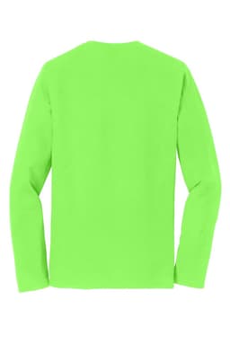 A long-sleeve T-shirt in bright green, featuring a simple design and a logo on the front.