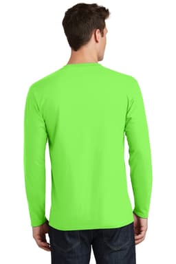 A man wearing a long sleeve, bright green T-shirt viewed from the back. The shirt features a logo.