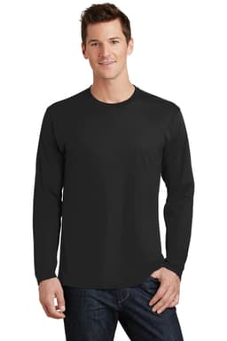 A man is wearing a black long sleeve T-shirt in a casual pose, featuring a small logo on the shirt.