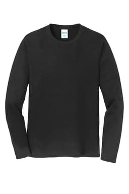 A black long sleeve t-shirt featuring a label and a plain design.