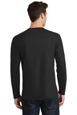A black long sleeve t-shirt is displayed, featuring a clean back design and a simple logo.