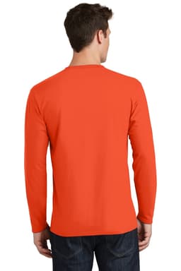 An orange long sleeve t-shirt, displayed from the back, featuring a logo.