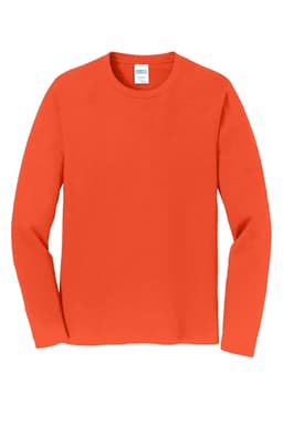 An orange long sleeve t-shirt with a round neck and a logo on the label.