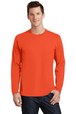 A long sleeve t-shirt in bright orange worn by a model, featuring a logo on the front.