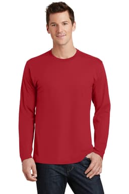 A long sleeve t-shirt in red, featuring a fitted design and a person wearing it, standing casually.
