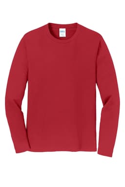 A long sleeve red t-shirt featuring a round neckline and a logo. Perfect for casual wear.