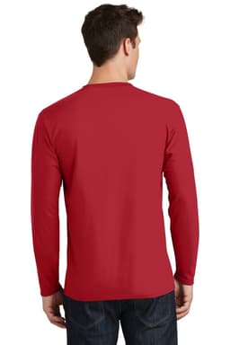 A man wearing a long sleeve, red t-shirt, showing the back view. The shirt has a logo on it.