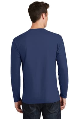 A man wearing a navy long sleeve T-shirt, viewed from the back, with a simple design and no visible branding.