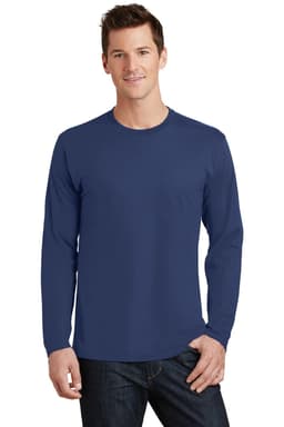 A man models a navy long-sleeve T-shirt with a logo on the chest, paired with denim jeans.