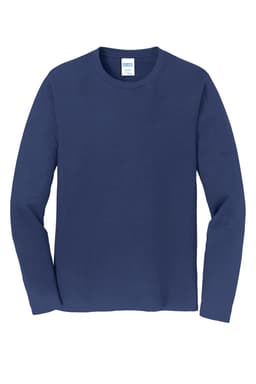 A navy long sleeve t-shirt with a crew neck and a label at the neckline. The shirt has a logo.