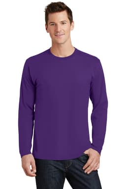 A man wearing a long sleeve, purple t-shirt with a logo on it, posing against a plain background.