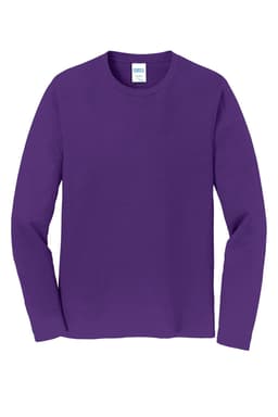 A purple long sleeve t-shirt featuring a logo on the label.