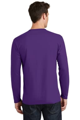 A man wearing a long sleeve tee in vibrant purple, with a plain back view. The shirt features a logo.