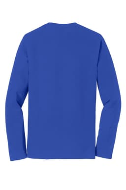 A blue long sleeve t-shirt with a plain back design and long sleeves, featuring a logo.
