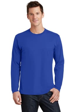 A long sleeve blue t-shirt worn by a man, featuring a logo on the front.