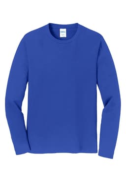 A long sleeve blue t-shirt with a crew neck and a label on the inside. Features a logo on the chest area.