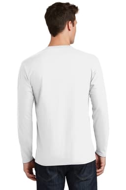 A long sleeve white tee shirt is displayed from the back, featuring a simple design and a logo.