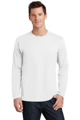 A long sleeve white T-shirt on a model, featuring a simple design and a logo on the chest. Casual fit with a round neckline.