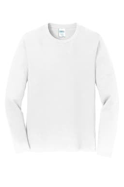 A white long sleeve t-shirt with a crew neck and a logo on the label.