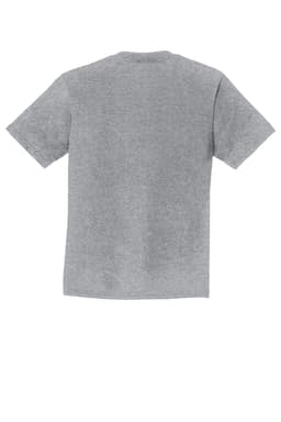 A grey youth t-shirt with short sleeves and a plain back. It features a logo on the front.