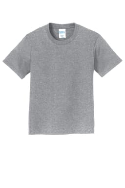 A grey youth t-shirt with short sleeves and a round neck, featuring a logo on the label.