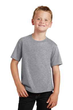 A child wearing a grey t-shirt stands with a smile, showcasing a simple and comfortable design.