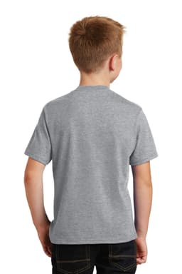 A youth t-shirt in grey, featuring a simple design and a logo on the back.