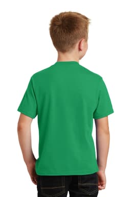 A green youth t-shirt viewed from the back, featuring a simple design. It has a logo on the back.