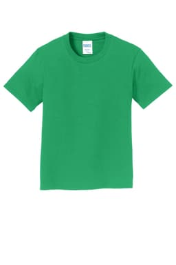 A green youth t-shirt featuring a basic short sleeve design and a label inside. It has a logo visible on the tag.