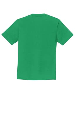 A green youth t-shirt featuring short sleeves and a plain back. It has a logo on the back.