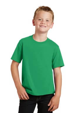 A smiling child wearing a bright green short-sleeved t-shirt, posing casually with hands on hips.
