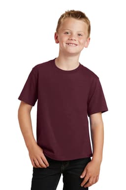 A youth t-shirt in burgundy, featuring short sleeves and a round neck, displayed on a smiling child.