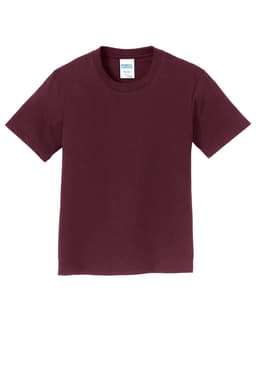 A maroon youth T-shirt with a round neck and short sleeves, featuring a logo on the label.
