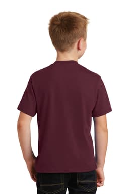 A back view of a youth T-shirt in maroon, featuring a plain design and a logo on the back.