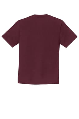 A maroon youth t-shirt with short sleeves and a plain back. It features a logo on the tag area.