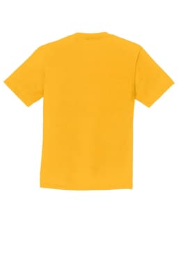 A yellow youth t-shirt with short sleeves and a plain back. It features a branding logo.