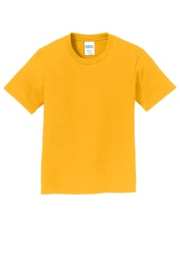 A yellow youth T-shirt with a round neck and short sleeves, featuring a logo on the label.